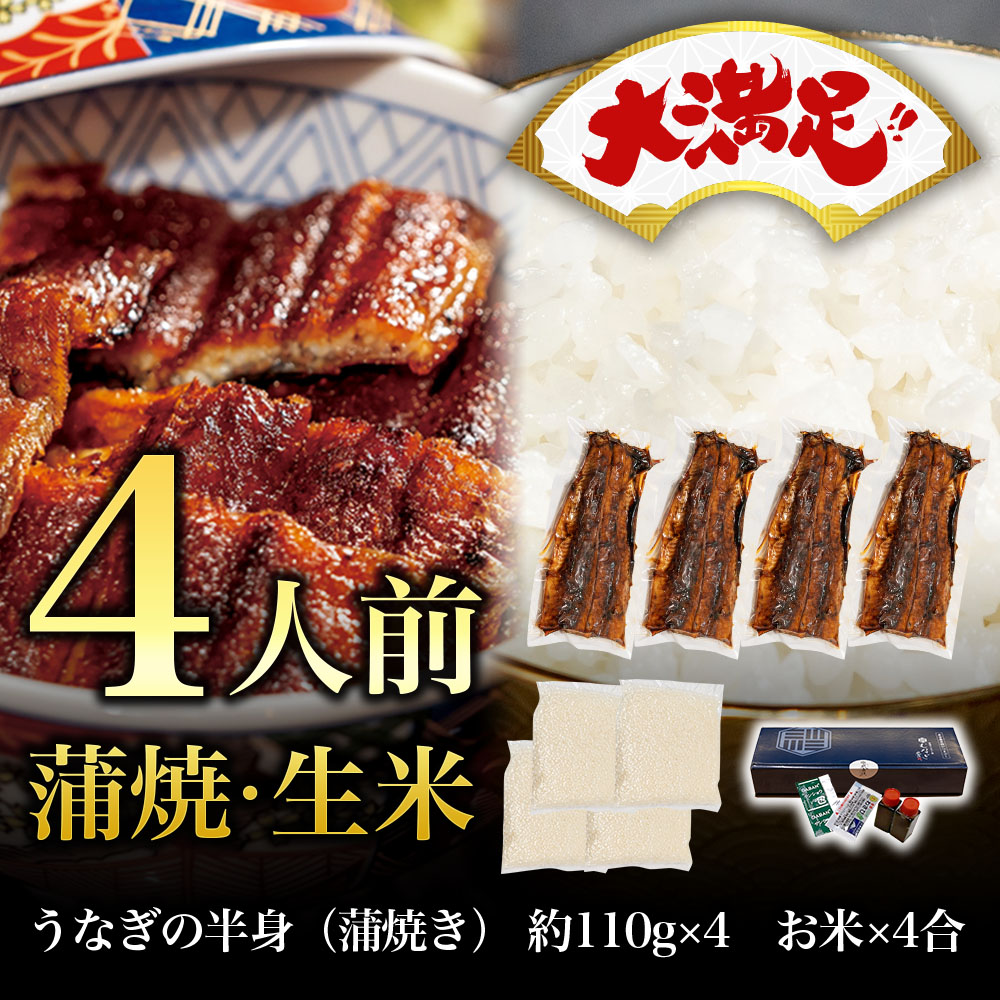 【大満足】蒲焼きうなぎの半身・生米セット（4人前）